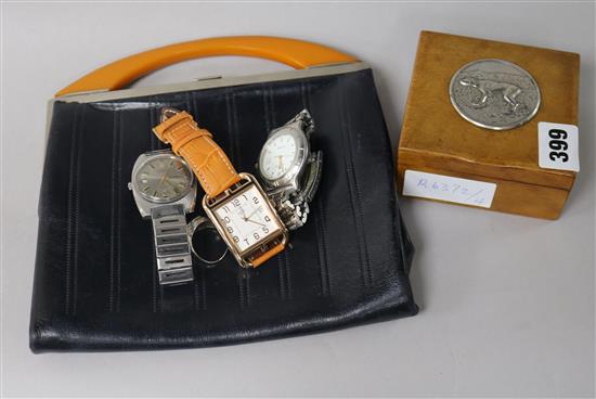 A group of watches and an Art Deco bag